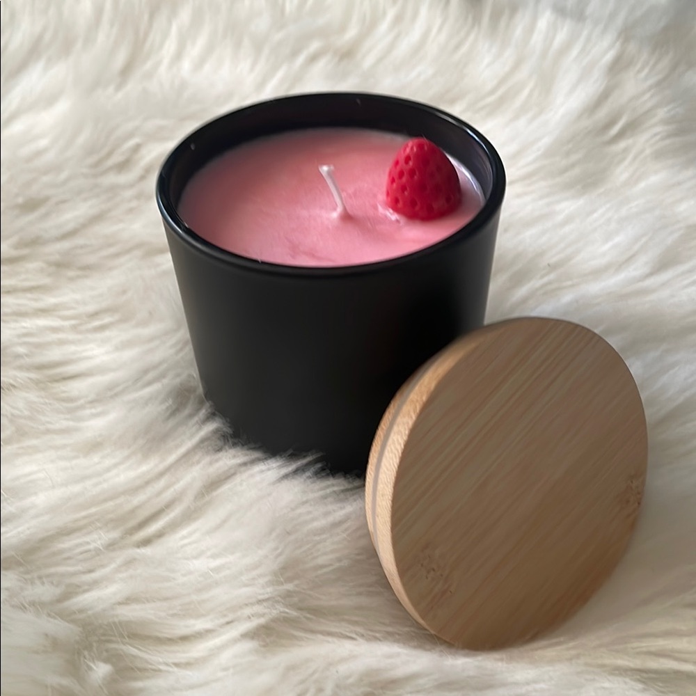 Glass Black Jar with Strawberry Shortcake scent Pink Candle with Wooden Lid.